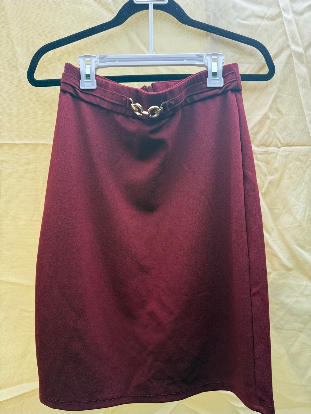 Women's Burgundy Pencil Skirt with Gold Chain Detail